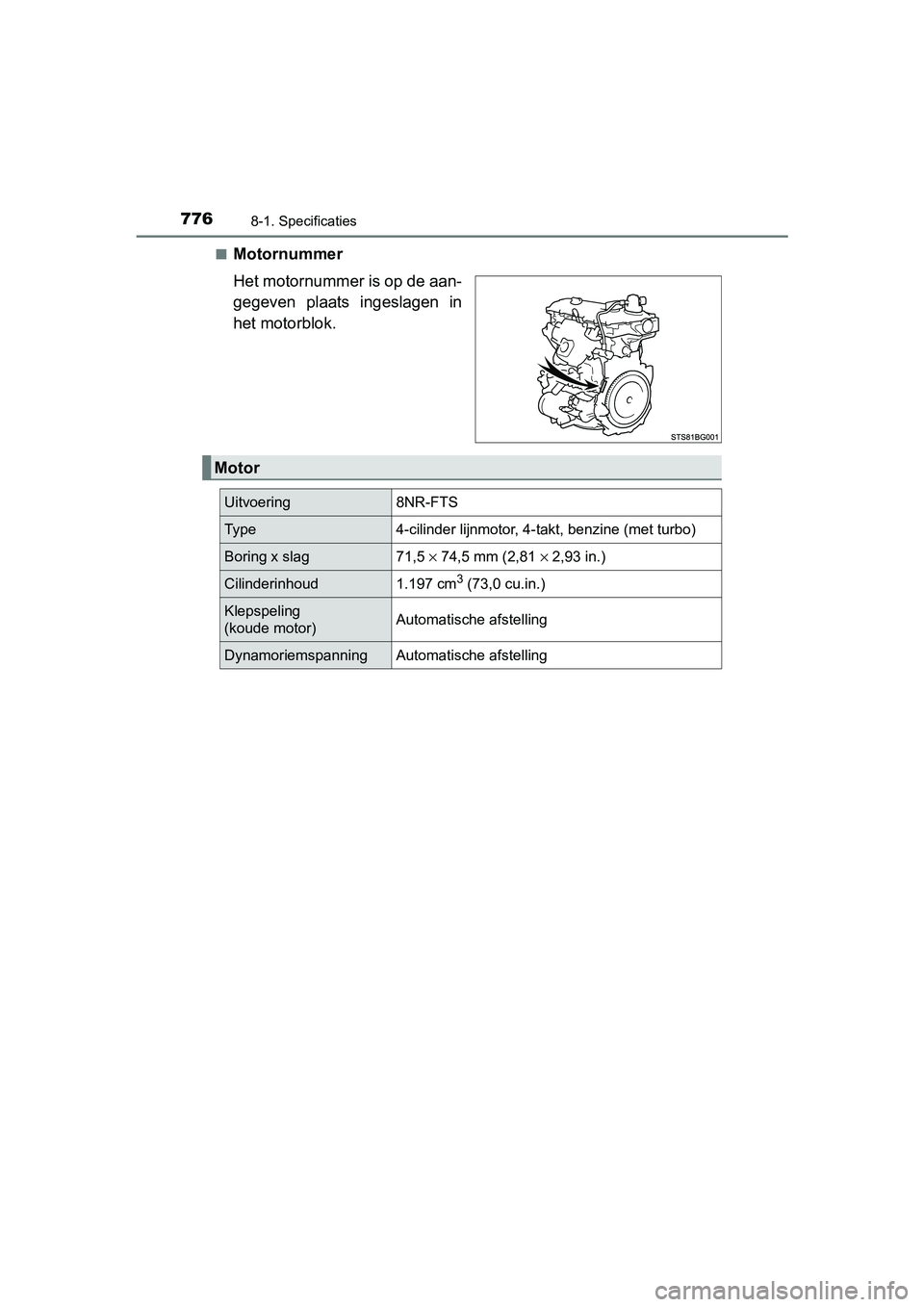 TOYOTA C-HR 2020  Instructieboekje (in Dutch) 7768-1. Specificaties
C-HR_OM_Europe_OM10636E■
Motornummer
Het motornummer is op de aan-
gegeven  plaats  ingeslagen  in
het motorblok.
Motor
Uitvoering
8NR-FTS
Type4-cilinder lijnmotor, 4-takt, ben