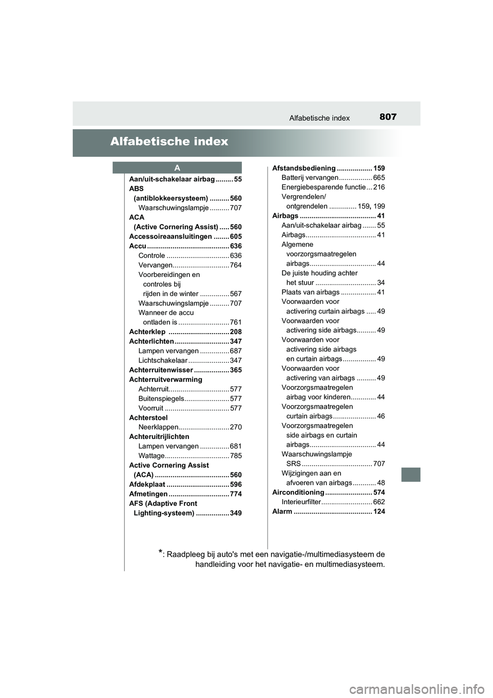 TOYOTA C-HR 2020 Instructieboekje (in Dutch) 807Alfabetische index
C-HR_OM_Europe_OM10636E
Alfabetische index
Aan/uit-schakelaar airbag ......... 55
ABS (antiblokkeersysteem) .......... 560 Waarschuwingslampje .......... 707
ACA
(Active Corneri TOYOTA C-HR 2020 Instructieboekje (in Dutch) 807Alfabetische index
C-HR_OM_Europe_OM10636E
Alfabetische index
Aan/uit-schakelaar airbag ......... 55
ABS (antiblokkeersysteem) .......... 560 Waarschuwingslampje .......... 707
ACA
(Active Corneri
