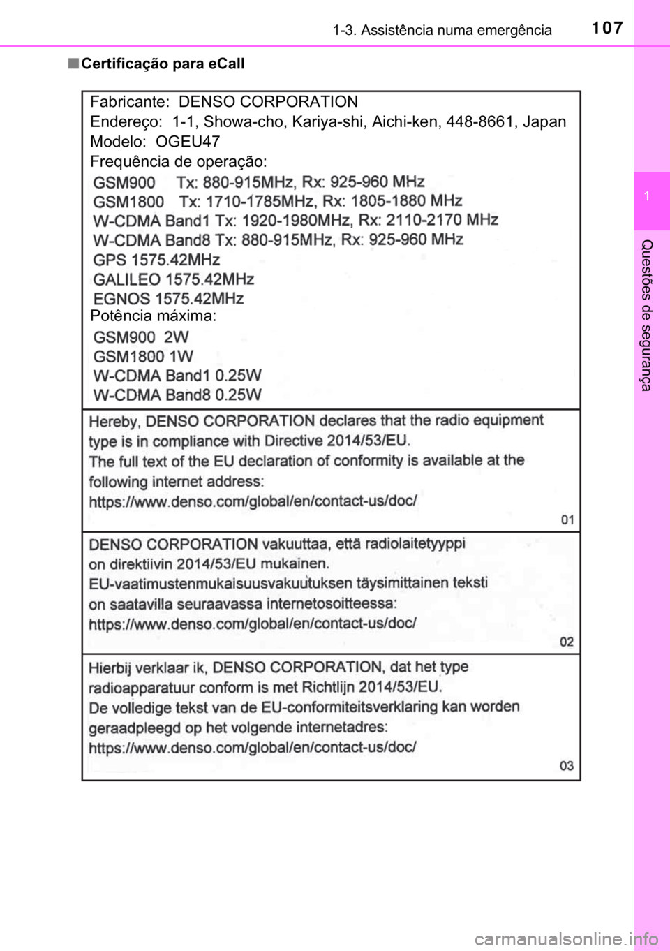 TOYOTA C-HR 2020  Manual de utilização (in Portuguese) 107������$�V�V�L�V�W�r�Q�F�L�D��Q�X�P�D��H�P�H�U�J�r�Q�F�L�D
�
�4�X�H�V�W�}�H�V��G�H��V�H�J�X�U�D�Q�o�D
■�&�H�U�W�L�I�L�F�D�o�m�R��S�D�U�D��H�&�D�O�O
�)�D�E�U�L�F�D�Q�W�H�����(�1�6�2