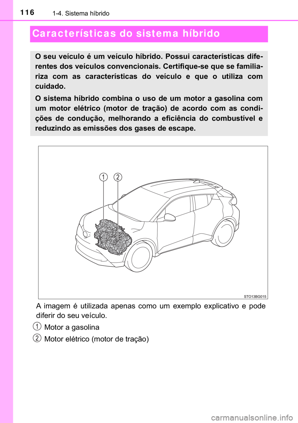 TOYOTA C-HR 2020  Manual de utilização (in Portuguese) 116������6�L�V�W�H�P�D��K�t�E�U�L�G�R
Características do sistema híbrido
�$� �L�P�D�J�H�P� �p� �X�W�L�O�L�]�D�G�D� �D�S�H�Q�D�V� �F�R�P�R� �X�P� �H�[�H�P�S�O�R� �H�[�S�O�L�F�D�W�L�Y�R�