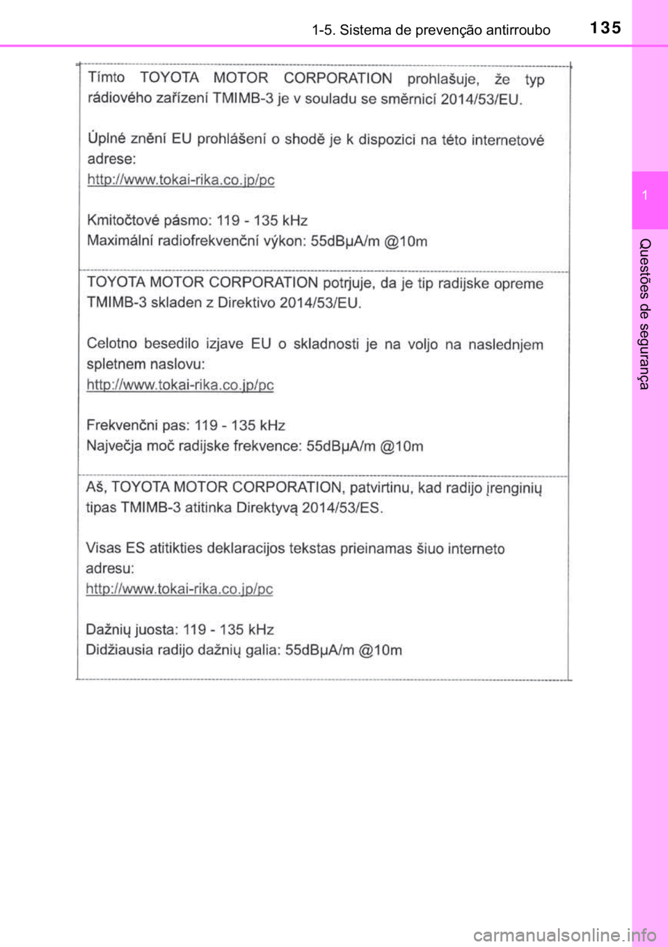 TOYOTA C-HR 2020  Manual de utilização (in Portuguese) 135������6�L�V�W�H�P�D��G�H��S�U�H�Y�H�Q�o�m�R��D�Q�W�L�U�U�R�X�E�R
�
�4�X�H�V�W�}�H�V��G�H��V�H�J�X�U�D�Q�o�D 