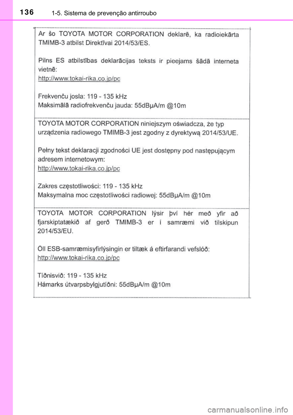 TOYOTA C-HR 2020  Manual de utilização (in Portuguese) 136������6�L�V�W�H�P�D��G�H��S�U�H�Y�H�Q�o�m�R��D�Q�W�L�U�U�R�X�E�R 