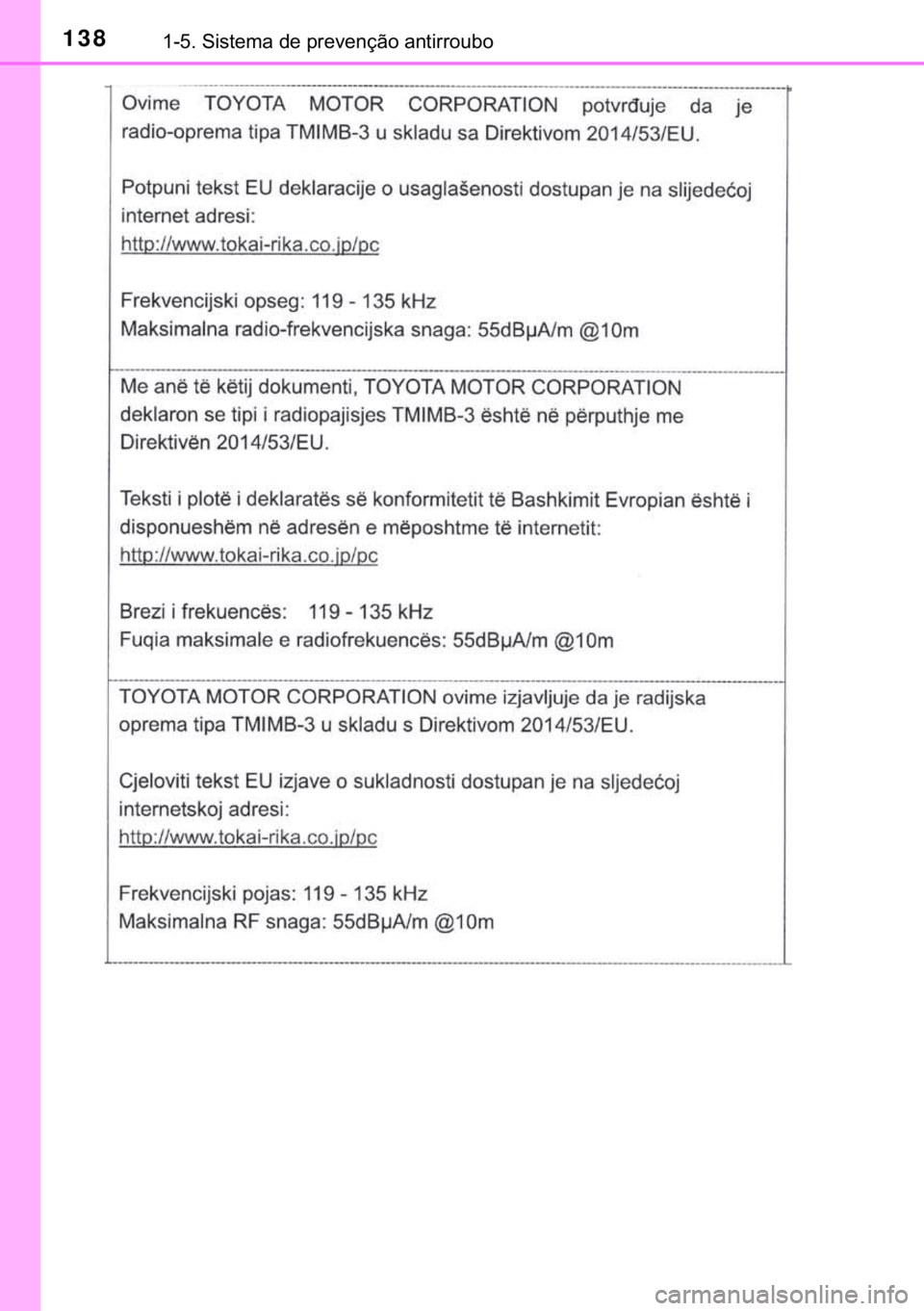 TOYOTA C-HR 2020  Manual de utilização (in Portuguese) 138������6�L�V�W�H�P�D��G�H��S�U�H�Y�H�Q�o�m�R��D�Q�W�L�U�U�R�X�E�R 