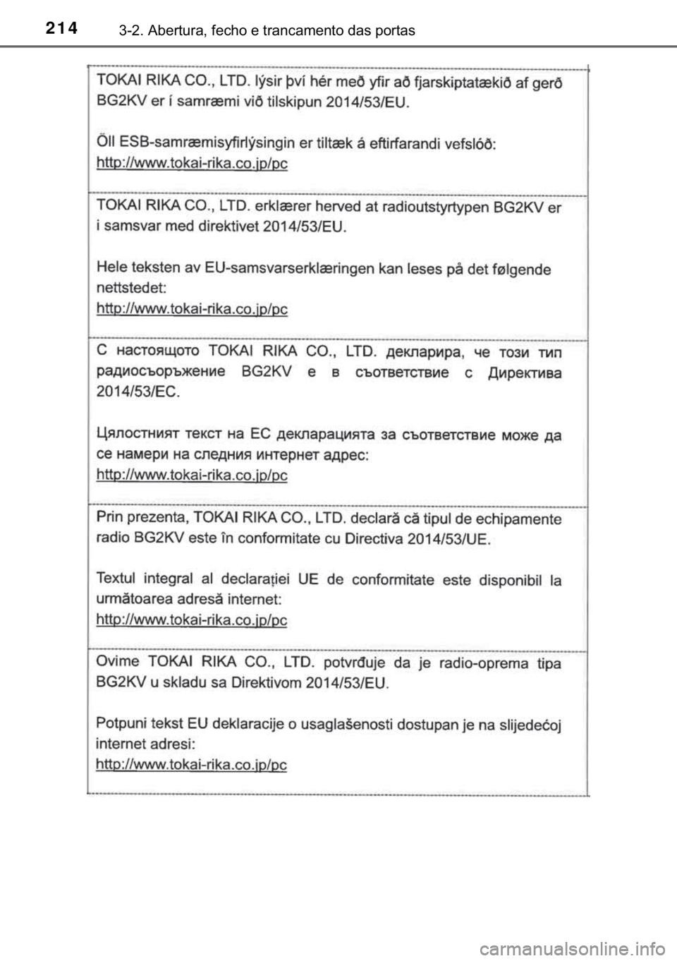 TOYOTA C-HR 2020  Manual de utilização (in Portuguese) 214������$�E�H�U�W�X�U�D���I�H�F�K�R��H��W�U�D�Q�F�D�P�H�Q�W�R��G�D�V��S�R�U�W�D�V 