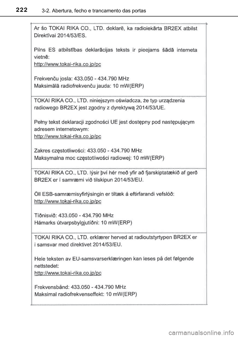 TOYOTA C-HR 2020  Manual de utilização (in Portuguese) 222������$�E�H�U�W�X�U�D���I�H�F�K�R��H��W�U�D�Q�F�D�P�H�Q�W�R��G�D�V��S�R�U�W�D�V 