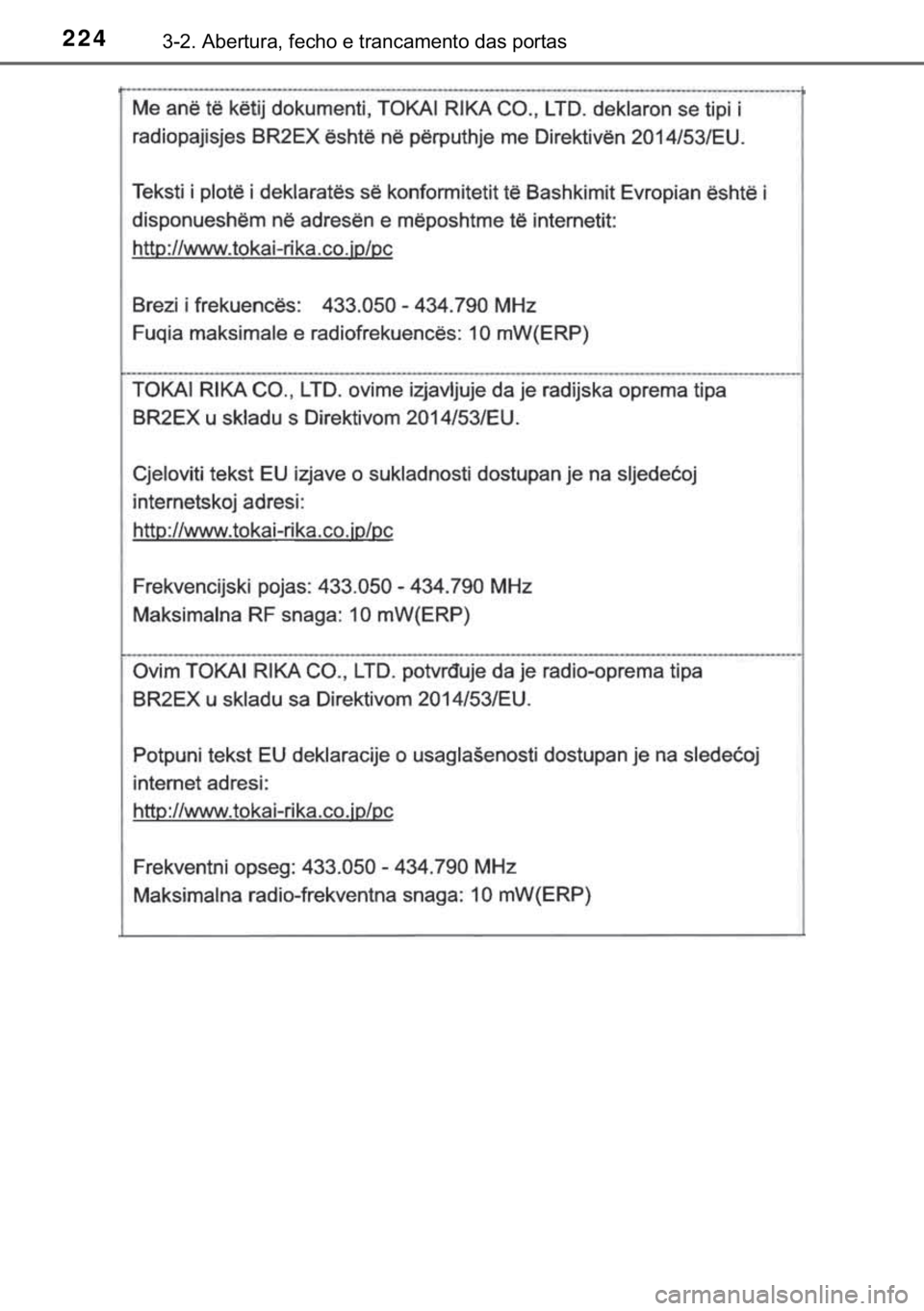 TOYOTA C-HR 2020  Manual de utilização (in Portuguese) 224������$�E�H�U�W�X�U�D���I�H�F�K�R��H��W�U�D�Q�F�D�P�H�Q�W�R��G�D�V��S�R�U�W�D�V 