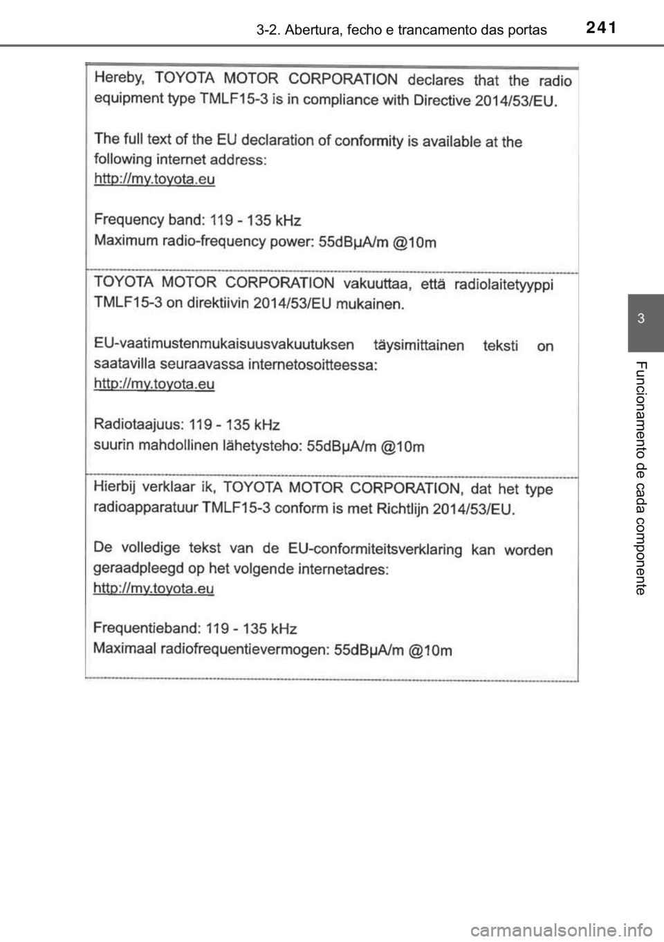 TOYOTA C-HR 2020  Manual de utilização (in Portuguese) 241������$�E�H�U�W�X�U�D���I�H�F�K�R��H��W�U�D�Q�F�D�P�H�Q�W�R��G�D�V��S�R�U�W�D�V
�
�)�X�Q�F�L�R�Q�D�P�H�Q�W�R��G�H��F�D�G�D��F�R�P�S�R�Q�H�Q�W�H 
