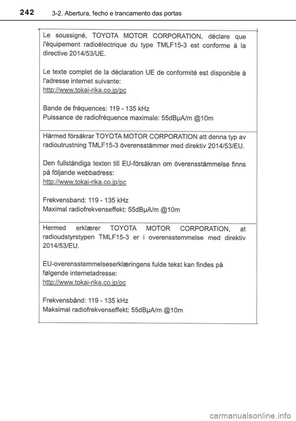 TOYOTA C-HR 2020  Manual de utilização (in Portuguese) 242������$�E�H�U�W�X�U�D���I�H�F�K�R��H��W�U�D�Q�F�D�P�H�Q�W�R��G�D�V��S�R�U�W�D�V 