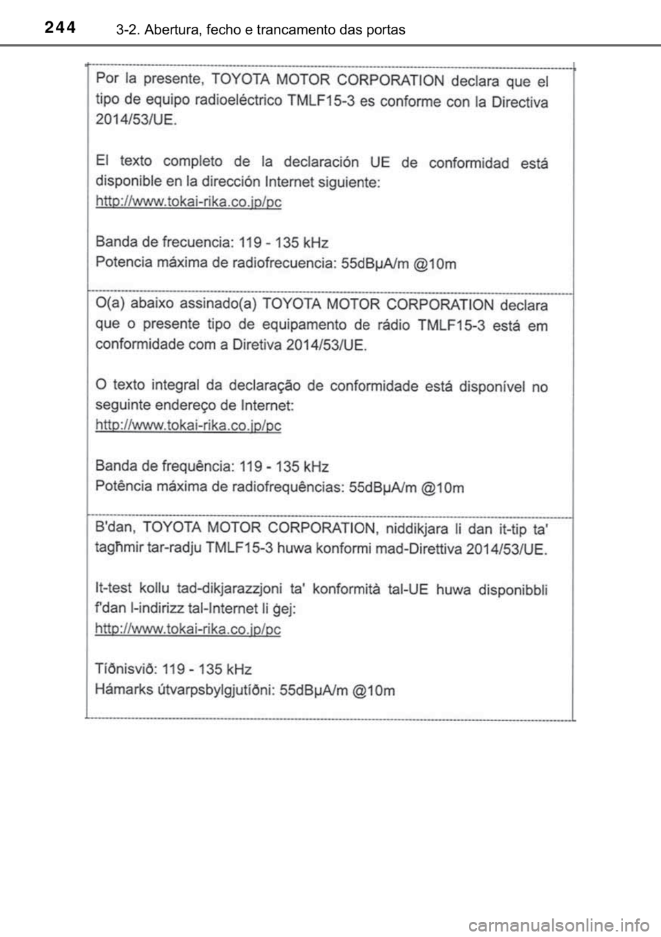 TOYOTA C-HR 2020  Manual de utilização (in Portuguese) 244������$�E�H�U�W�X�U�D���I�H�F�K�R��H��W�U�D�Q�F�D�P�H�Q�W�R��G�D�V��S�R�U�W�D�V 