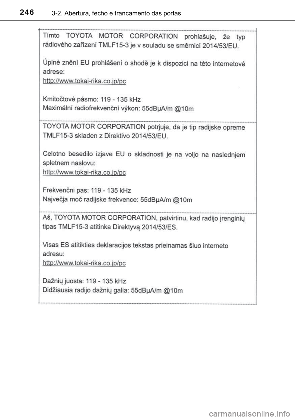TOYOTA C-HR 2020  Manual de utilização (in Portuguese) 246������$�E�H�U�W�X�U�D���I�H�F�K�R��H��W�U�D�Q�F�D�P�H�Q�W�R��G�D�V��S�R�U�W�D�V 