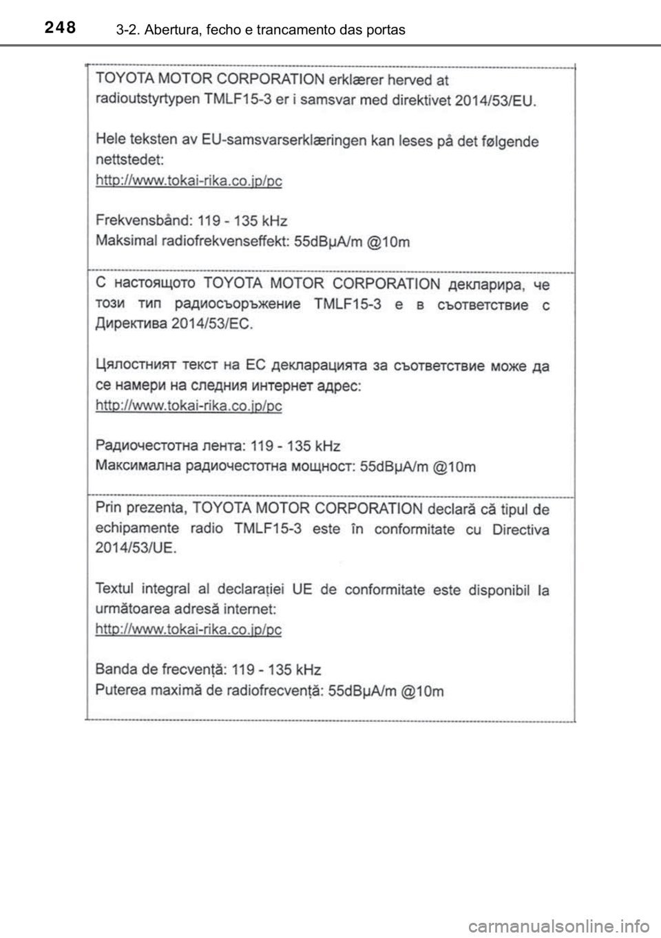 TOYOTA C-HR 2020  Manual de utilização (in Portuguese) 248������$�E�H�U�W�X�U�D���I�H�F�K�R��H��W�U�D�Q�F�D�P�H�Q�W�R��G�D�V��S�R�U�W�D�V 