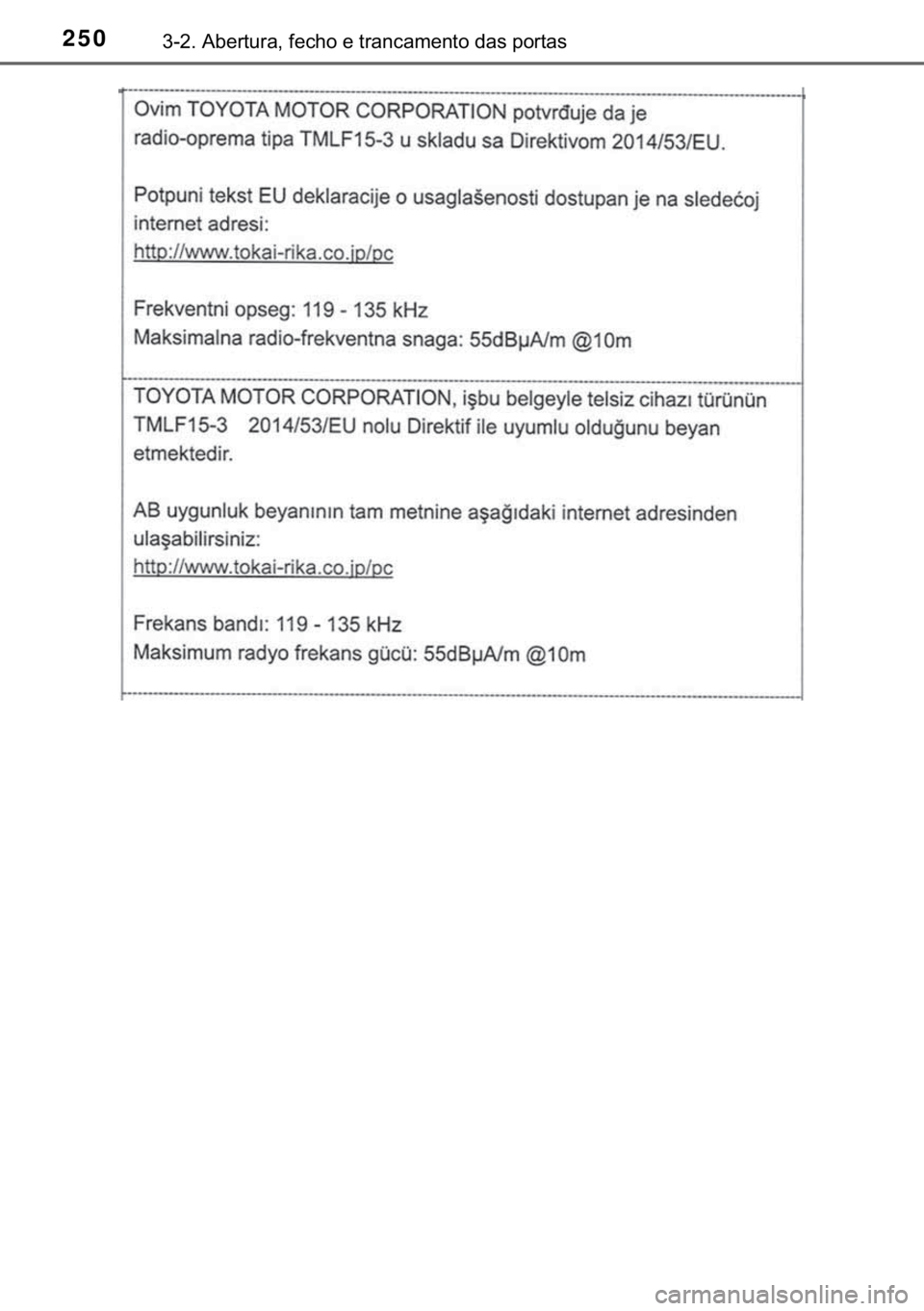 TOYOTA C-HR 2020  Manual de utilização (in Portuguese) 250������$�E�H�U�W�X�U�D���I�H�F�K�R��H��W�U�D�Q�F�D�P�H�Q�W�R��G�D�V��S�R�U�W�D�V 