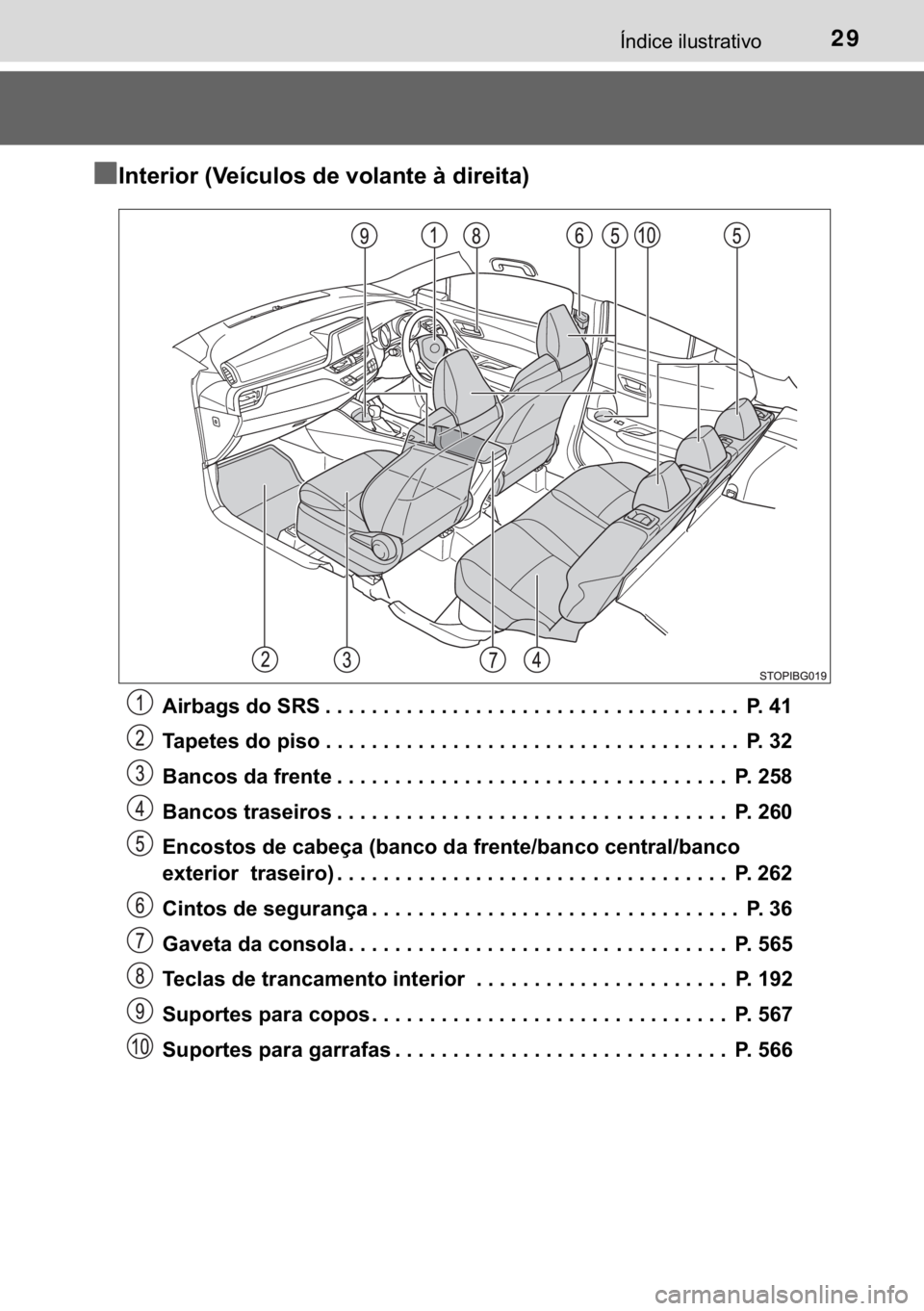 TOYOTA C-HR 2020  Manual de utilização (in Portuguese) 29�Ë�Q�G�L�F�H��L�O�X�V�W�U�D�W�L�Y�R
n
nn n�,�Q�W�H�U�L�R�U���9�H�t�F�X�O�R�V��G�H��Y�R�O�D�Q�W�H��j��G�L�U�H�L�W�D�
�$�L�U�E�D�J�V��G�R��6�5�6 ����������������������