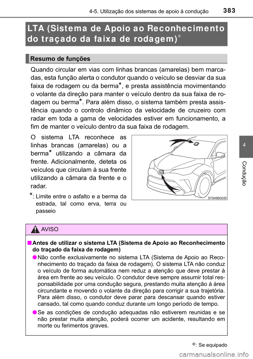 TOYOTA C-HR 2020  Manual de utilização (in Portuguese) 383
�
������8�W�L�O�L�]�D�o�m�R��G�R�V��V�L�V�W�H�P�D�V��G�H��D�S�R�L�R��j��F�R�Q�G�X�o�m�R
�&�R�Q�G�X�o�m�R
LTA (Sistema de Apoio ao Reconhecimento 
do traçado da faixa de rodagem)
∗
�