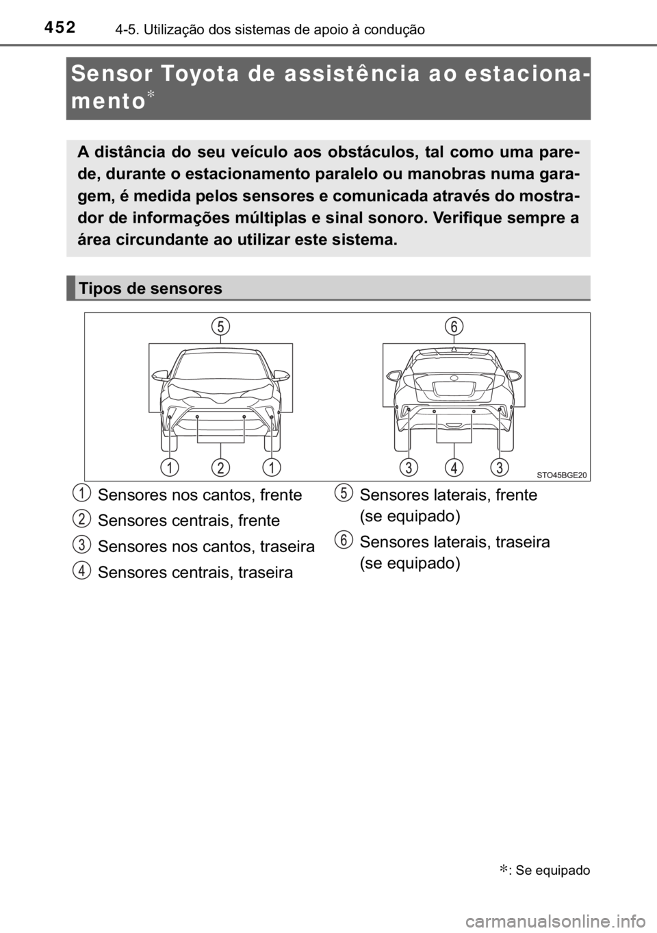 TOYOTA C-HR 2020  Manual de utilização (in Portuguese) 452������8�W�L�O�L�]�D�o�m�R��G�R�V��V�L�V�W�H�P�D�V��G�H��D�S�R�L�R��j��F�R�Q�G�X�o�m�R
Sensor Toyota de assistência ao estaciona-
mento
∗
∗���6�H��H�T�X�L�S�D�G�R
�$� �G�L�V�W�k�