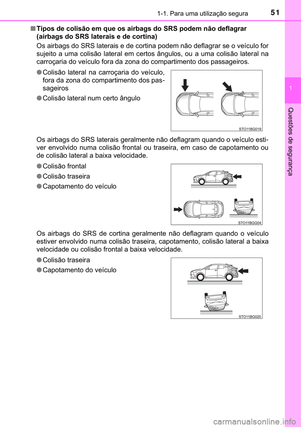TOYOTA C-HR 2020  Manual de utilização (in Portuguese) 51������3�D�U�D��X�P�D��X�W�L�O�L�]�D�o�m�R��V�H�J�X�U�D
�
�4�X�H�V�W�}�H�V��G�H��V�H�J�X�U�D�Q�o�D
■�7�L�S�R�V��G�H��F�R�O�L�V�m�R��H�P��T�X�H��R�V��D�L�U�E�D�J�V��G�R��6�5�6��S