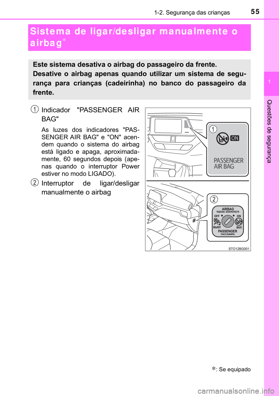 TOYOTA C-HR 2020  Manual de utilização (in Portuguese) 55������6�H�J�X�U�D�Q�o�D��G�D�V��F�U�L�D�Q�o�D�V
�
�4�X�H�V�W�}�H�V��G�H��V�H�J�X�U�D�Q�o�D
Sistema de ligar/desligar manualmente o 
airbag
∗
�,�Q�G�L�F�D�G�R�U� ��3�$�6�6�(�1�*�(�5� �