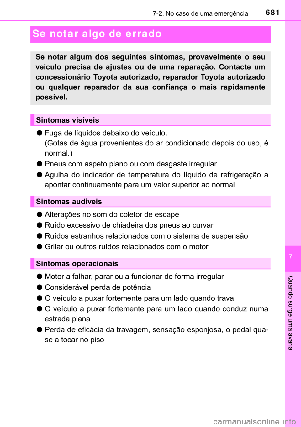 TOYOTA C-HR 2020  Manual de utilização (in Portuguese) 681������1�R��F�D�V�R��G�H��X�P�D��H�P�H�U�J�r�Q�F�L�D
�
�4�X�D�Q�G�R��V�X�U�J�H��X�P�D��D�Y�D�U�L�D
Se notar algo de errado
●�)�X�J�D��G�H��O�t�T�X�L�G�R�V��G�H�E�D�L�[�R��G�R��Y�