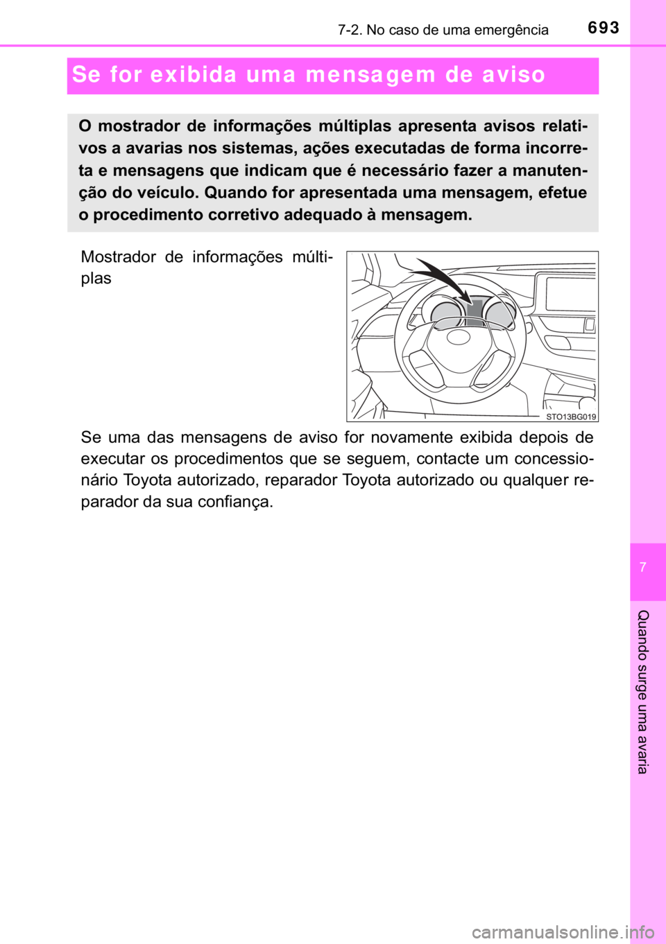 TOYOTA C-HR 2020  Manual de utilização (in Portuguese) 693������1�R��F�D�V�R��G�H��X�P�D��H�P�H�U�J�r�Q�F�L�D
�
�4�X�D�Q�G�R��V�X�U�J�H��X�P�D��D�Y�D�U�L�D
Se for exibida uma mensagem de aviso
�0�R�V�W�U�D�G�R�U� �G�H� �L�Q�I�R�U�P�D�o�}�H�