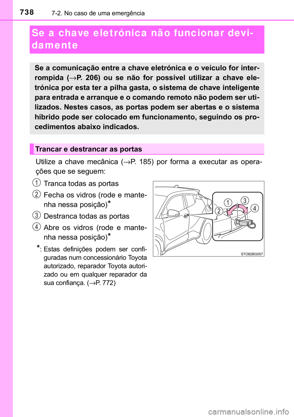 TOYOTA C-HR 2020  Manual de utilização (in Portuguese) 738������1�R��F�D�V�R��G�H��X�P�D��H�P�H�U�J�r�Q�F�L�D
Se a chave eletrónica não funcionar devi-
damente
�8�W�L�O�L�]�H� �D� �F�K�D�Y�H� �P�H�F�k�Q�L�F�D� �→�3�� ����� �S�R�U�