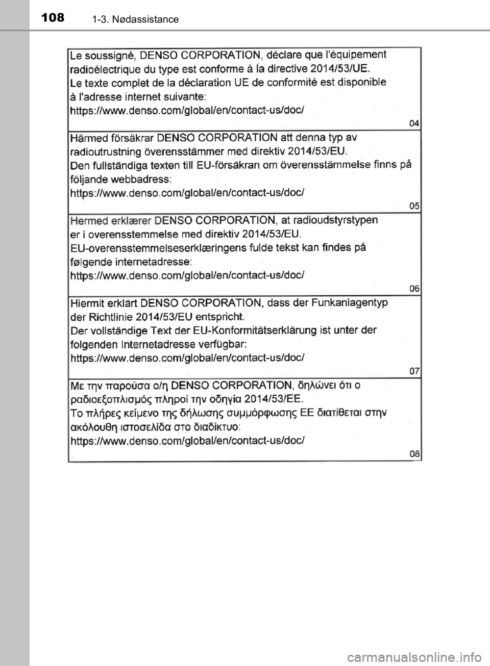 TOYOTA C-HR 2019  Brugsanvisning (in Danish) 1081-3. Nødassistance
C-HR_HV_OM_Europe_OM10647DK
OM10647DK.book  Page 108  Monday, November 25, 2019  9:42 AM 