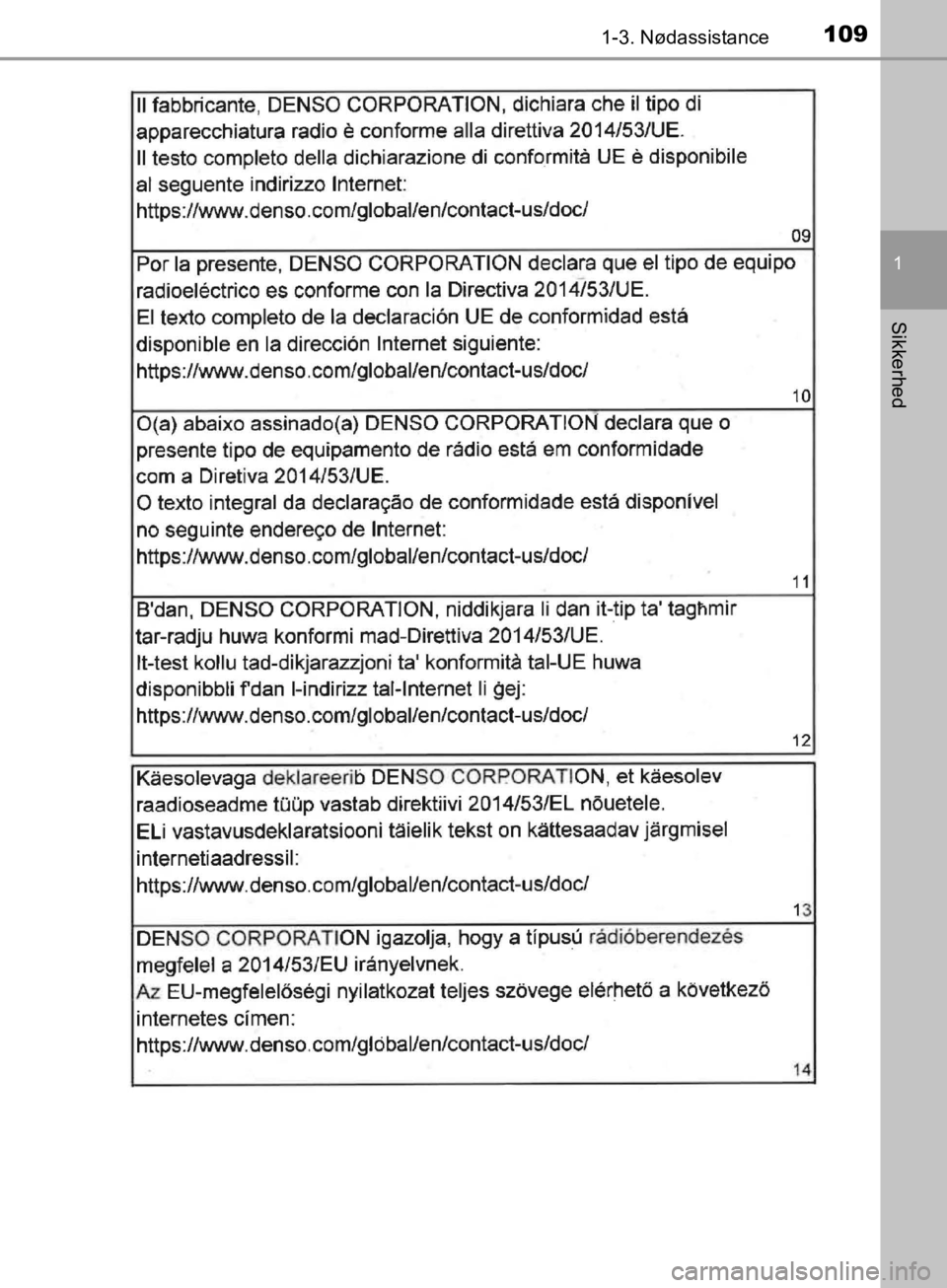TOYOTA C-HR 2019  Brugsanvisning (in Danish) 1091-3. Nødassistance
1
Sikkerhed
C-HR_HV_OM_Europe_OM10647DK
OM10647DK.book  Page 109  Monday, November 25, 2019  9:42 AM 