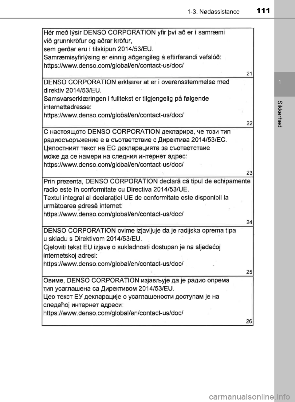 TOYOTA C-HR 2019  Brugsanvisning (in Danish) 1111-3. Nødassistance
1
Sikkerhed
C-HR_HV_OM_Europe_OM10647DK
OM10647DK.book  Page 111  Monday, November 25, 2019  9:42 AM 