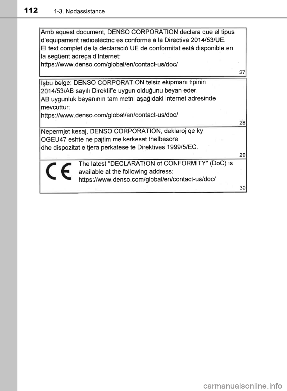 TOYOTA C-HR 2019  Brugsanvisning (in Danish) 1121-3. Nødassistance
C-HR_HV_OM_Europe_OM10647DK
OM10647DK.book  Page 112  Monday, November 25, 2019  9:42 AM 