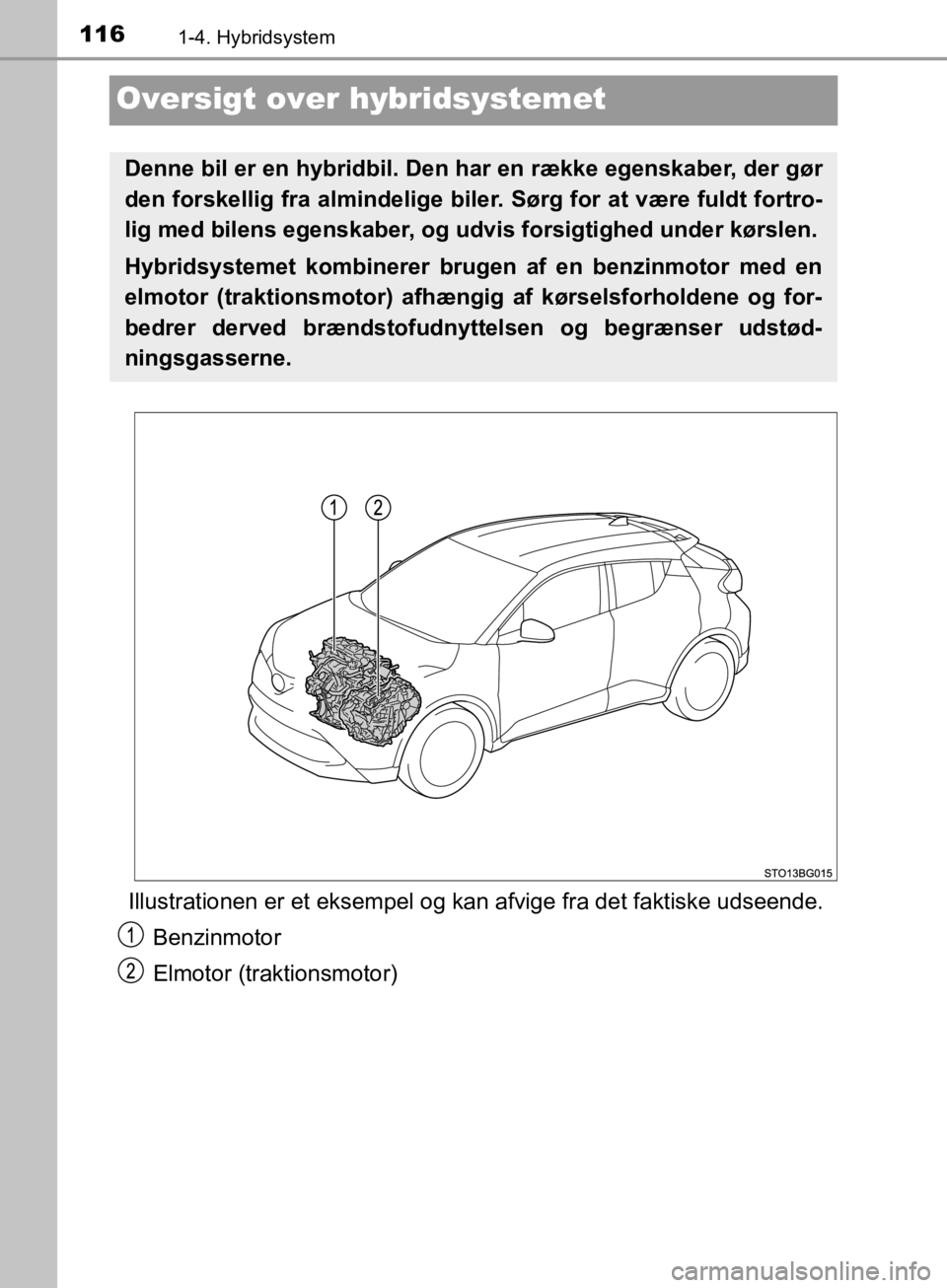 TOYOTA C-HR 2019  Brugsanvisning (in Danish) 1161-4. Hybridsystem
C-HR_HV_OM_Europe_OM10647DK
Oversigt over hybridsystemet
Illustrationen er et eksempel og kan afvige fra det faktiske udseende.Benzinmotor
Elmotor (traktionsmotor)
Denne bil er en