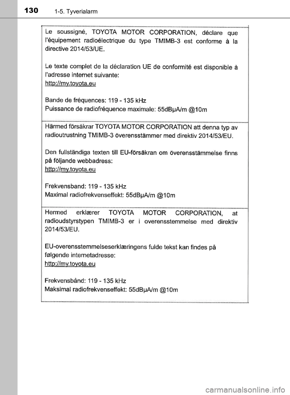 TOYOTA C-HR 2019 Brugsanvisning (in Danish) 1301-5. Tyverialarm
C-HR_HV_OM_Europe_OM10647DK
OM10647DK.book Page 130 Monday, November 25, 2019 9:42 AM TOYOTA C-HR 2019 Brugsanvisning (in Danish) 1301-5. Tyverialarm
C-HR_HV_OM_Europe_OM10647DK
OM10647DK.book Page 130 Monday, November 25, 2019 9:42 AM