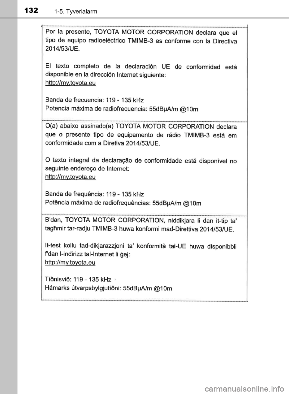 TOYOTA C-HR 2019  Brugsanvisning (in Danish) 1321-5. Tyverialarm
C-HR_HV_OM_Europe_OM10647DK
OM10647DK.book  Page 132  Monday, November 25, 2019  9:42 AM 