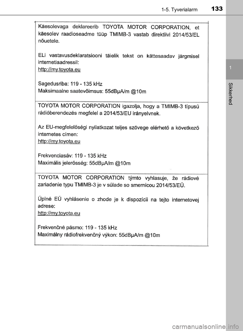 TOYOTA C-HR 2019  Brugsanvisning (in Danish) 1331-5. Tyverialarm
1
Sikkerhed
C-HR_HV_OM_Europe_OM10647DK
OM10647DK.book  Page 133  Monday, November 25, 2019  9:42 AM 