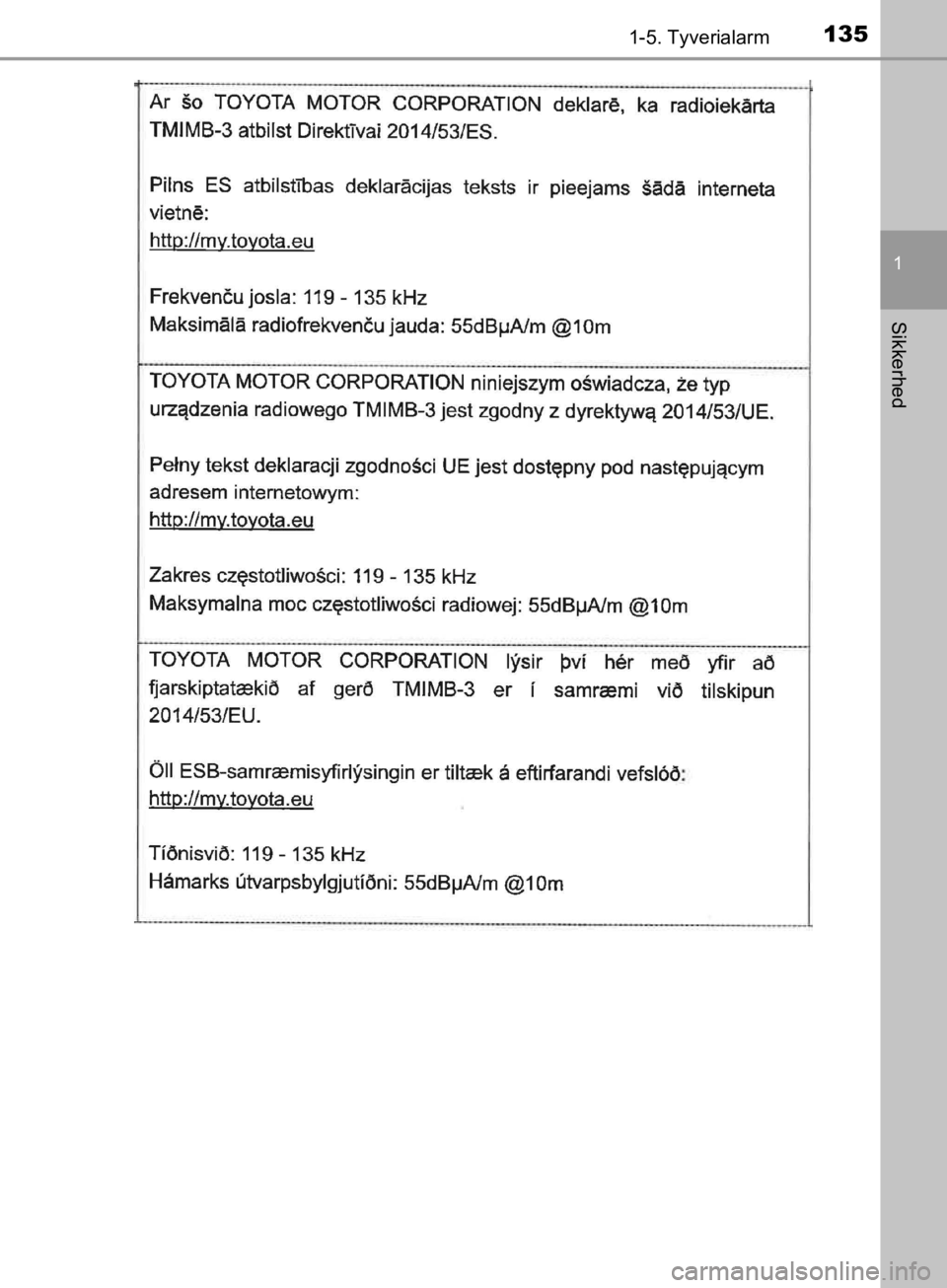 TOYOTA C-HR 2019  Brugsanvisning (in Danish) 1351-5. Tyverialarm
1
Sikkerhed
C-HR_HV_OM_Europe_OM10647DK
OM10647DK.book  Page 135  Monday, November 25, 2019  9:42 AM 