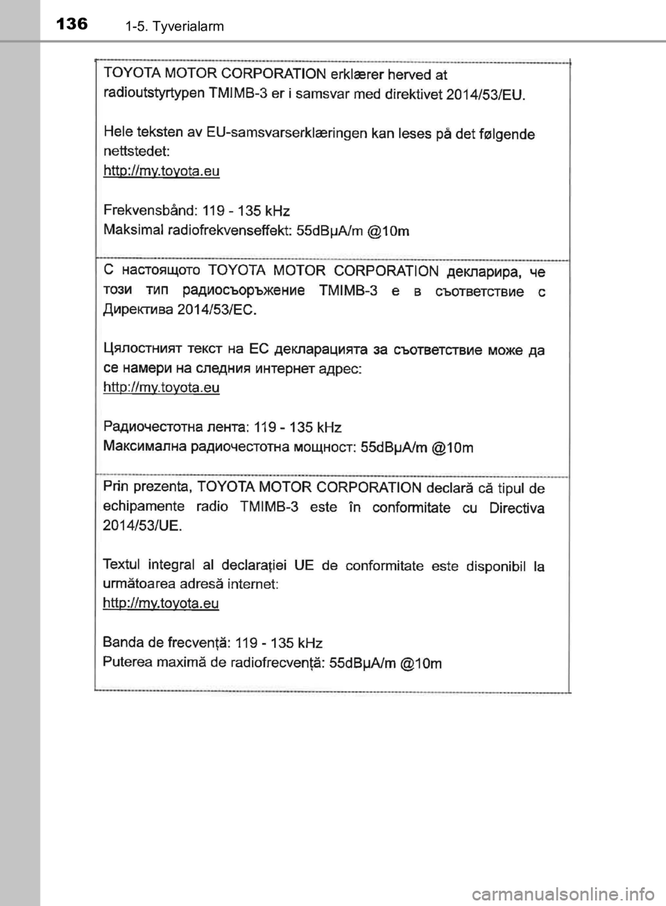 TOYOTA C-HR 2019  Brugsanvisning (in Danish) 1361-5. Tyverialarm
C-HR_HV_OM_Europe_OM10647DK
OM10647DK.book  Page 136  Monday, November 25, 2019  9:42 AM 