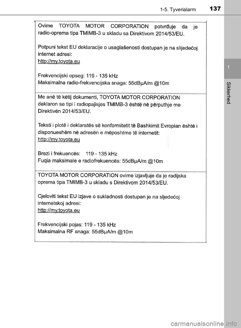 TOYOTA C-HR 2019  Brugsanvisning (in Danish) 1371-5. Tyverialarm
1
Sikkerhed
C-HR_HV_OM_Europe_OM10647DK
OM10647DK.book  Page 137  Monday, November 25, 2019  9:42 AM 