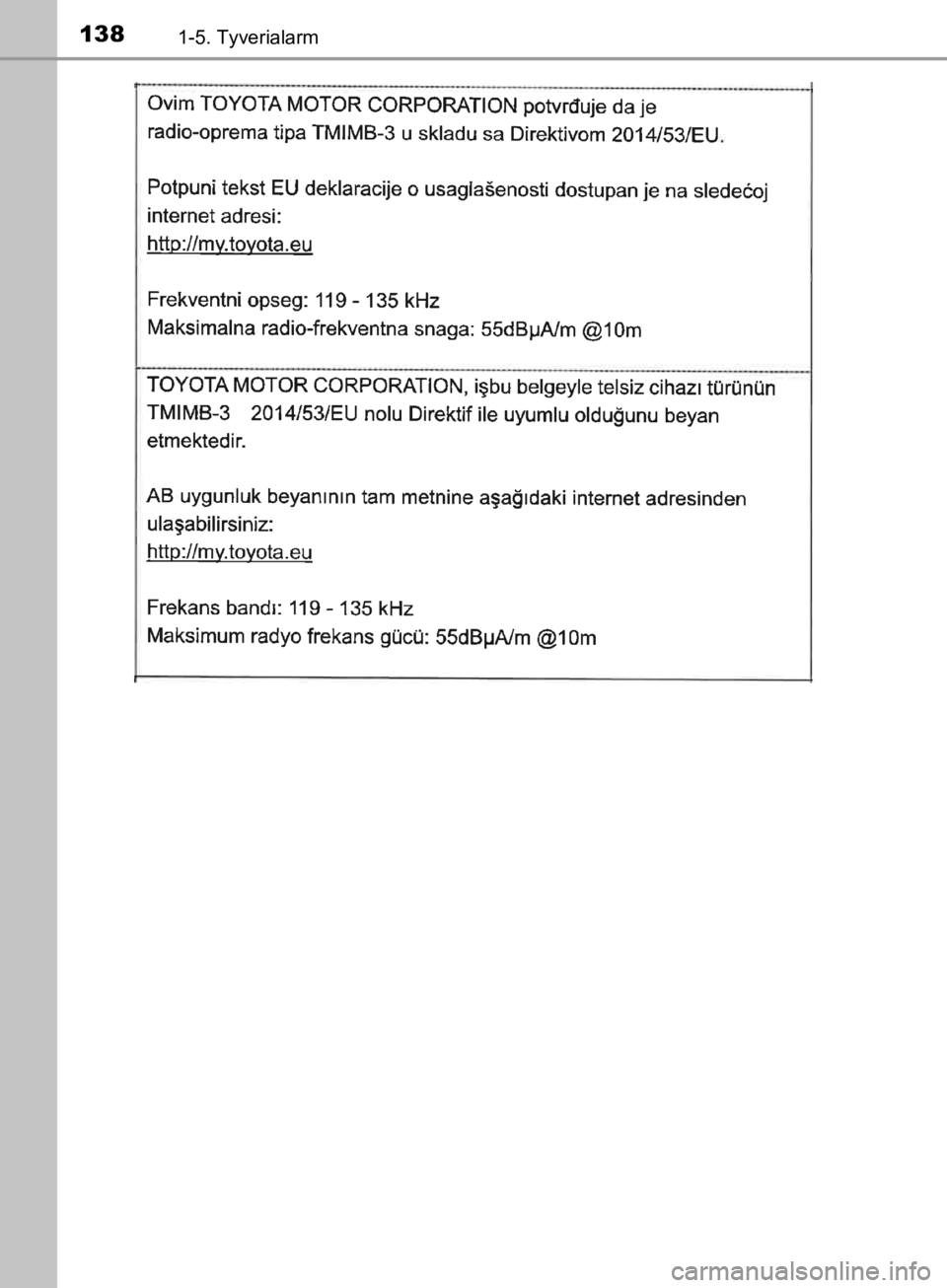 TOYOTA C-HR 2019  Brugsanvisning (in Danish) 1381-5. Tyverialarm
C-HR_HV_OM_Europe_OM10647DK
OM10647DK.book  Page 138  Monday, November 25, 2019  9:42 AM 