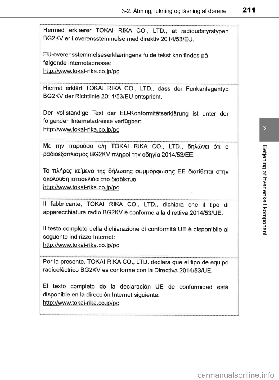 TOYOTA C-HR 2019  Brugsanvisning (in Danish) 2113-2. Åbning, lukning og låsning af dørene
3
Betjening af hver enkelt komponent
C-HR_HV_OM_Europe_OM10647DK
OM10647DK.book  Page 211  Monday, November 25, 2019  9:42 AM 