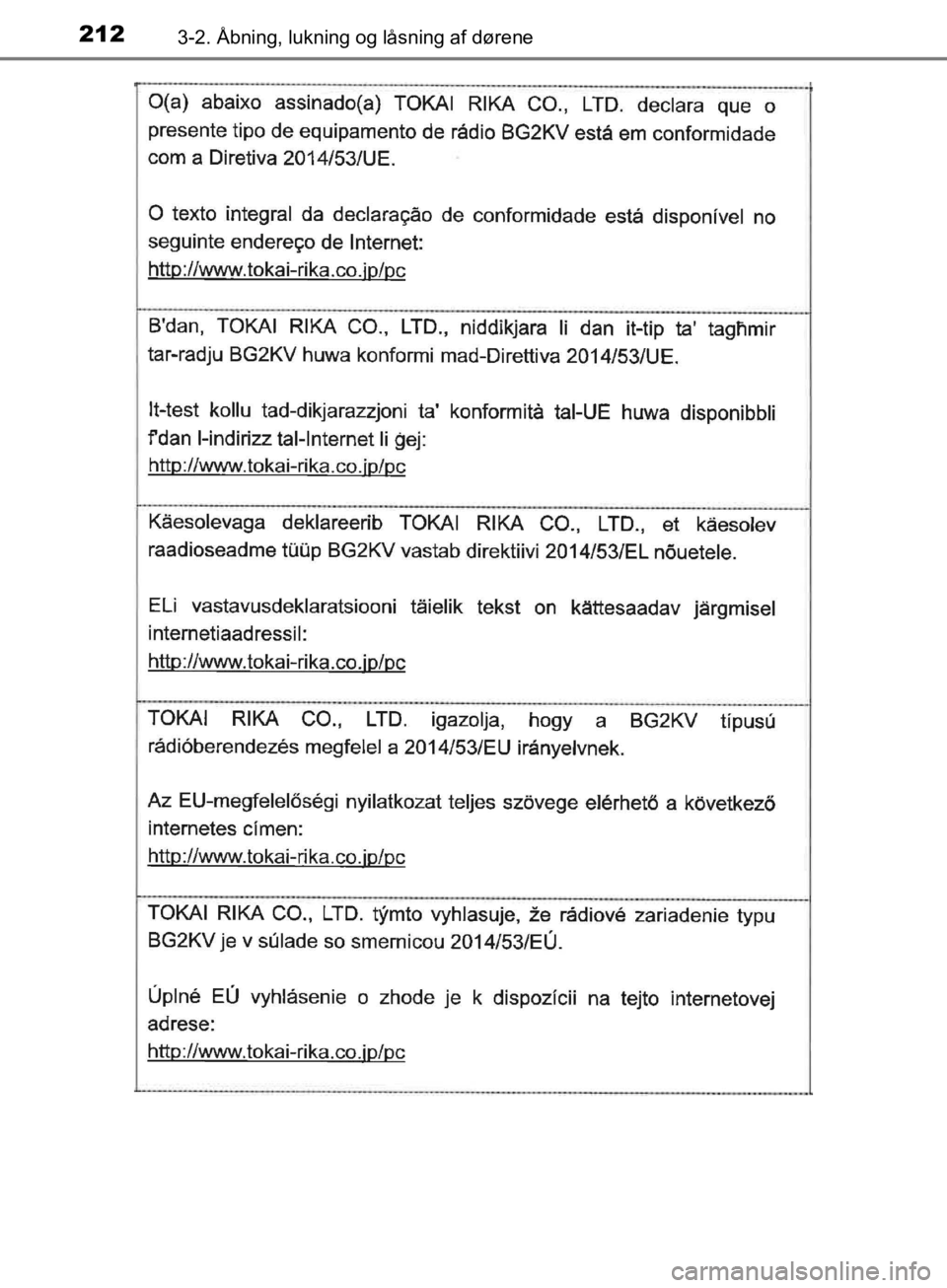 TOYOTA C-HR 2019  Brugsanvisning (in Danish) 2123-2. Åbning, lukning og låsning af dørene
C-HR_HV_OM_Europe_OM10647DK
OM10647DK.book  Page 212  Monday, November 25, 2019  9:42 AM 