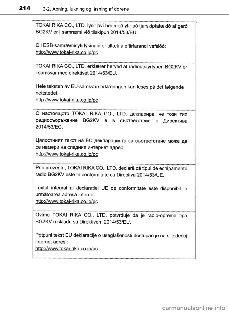 TOYOTA C-HR 2019  Brugsanvisning (in Danish) 2143-2. Åbning, lukning og låsning af dørene
C-HR_HV_OM_Europe_OM10647DK
OM10647DK.book  Page 214  Monday, November 25, 2019  9:42 AM 