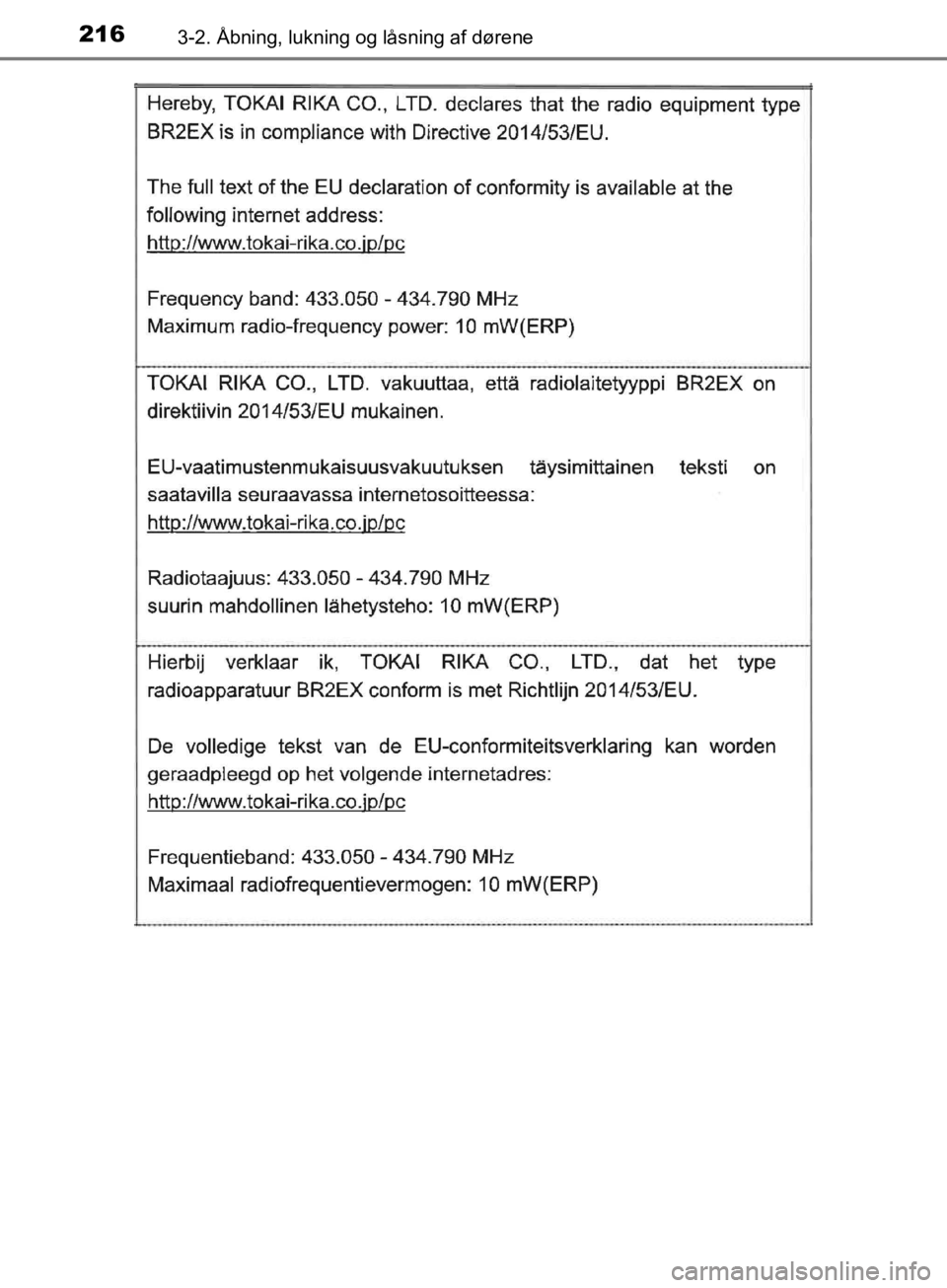 TOYOTA C-HR 2019  Brugsanvisning (in Danish) 2163-2. Åbning, lukning og låsning af dørene
C-HR_HV_OM_Europe_OM10647DK
OM10647DK.book  Page 216  Monday, November 25, 2019  9:42 AM 