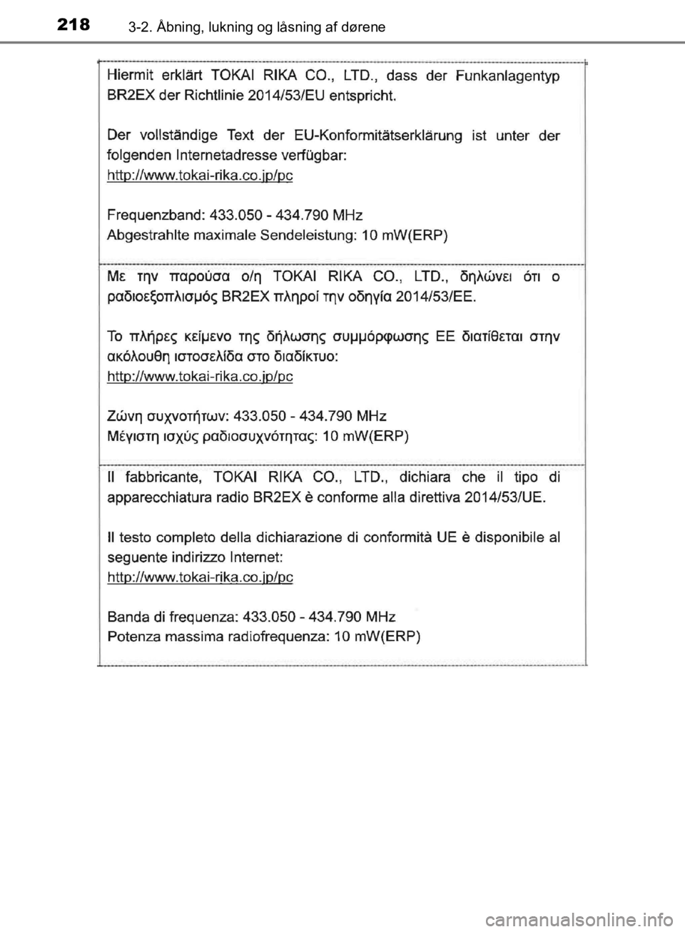 TOYOTA C-HR 2019  Brugsanvisning (in Danish) 2183-2. Åbning, lukning og låsning af dørene
C-HR_HV_OM_Europe_OM10647DK
OM10647DK.book  Page 218  Monday, November 25, 2019  9:42 AM 