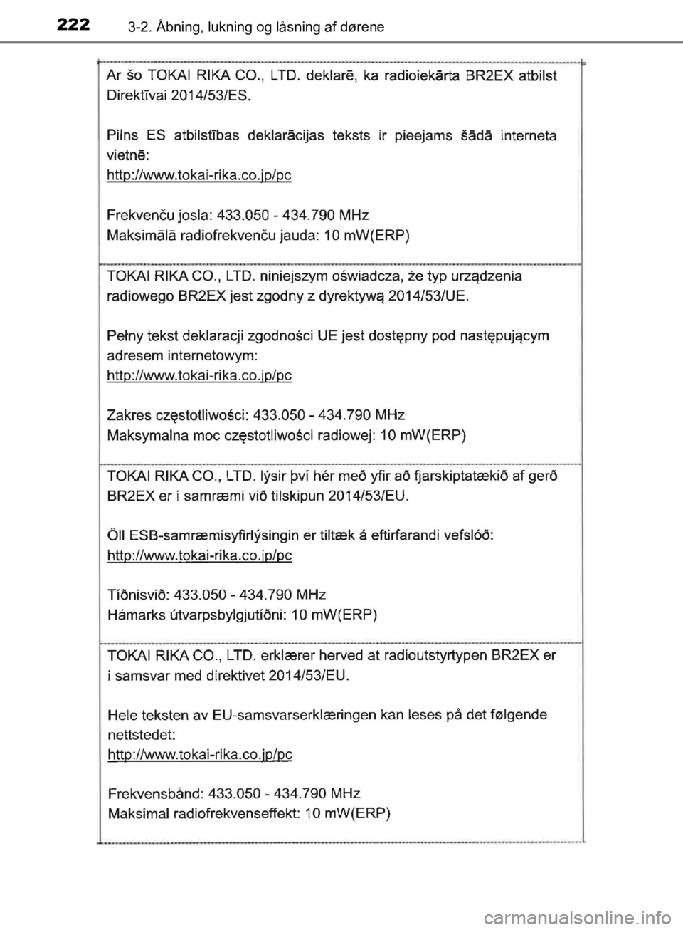TOYOTA C-HR 2019  Brugsanvisning (in Danish) 2223-2. Åbning, lukning og låsning af dørene
C-HR_HV_OM_Europe_OM10647DK
OM10647DK.book  Page 222  Monday, November 25, 2019  9:42 AM 