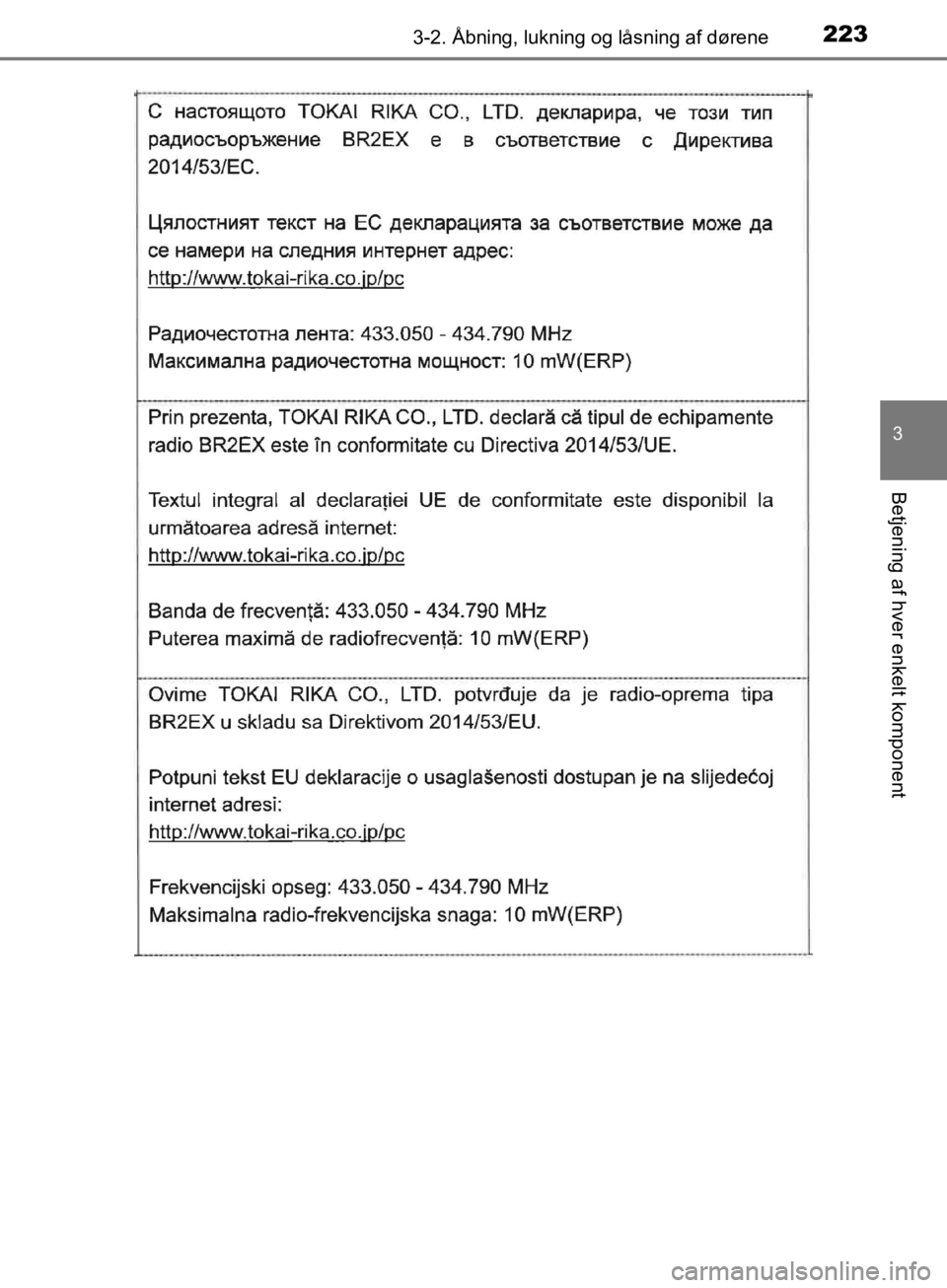 TOYOTA C-HR 2019  Brugsanvisning (in Danish) 2233-2. Åbning, lukning og låsning af dørene
3
Betjening af hver enkelt komponent
C-HR_HV_OM_Europe_OM10647DK
OM10647DK.book  Page 223  Monday, November 25, 2019  9:42 AM 