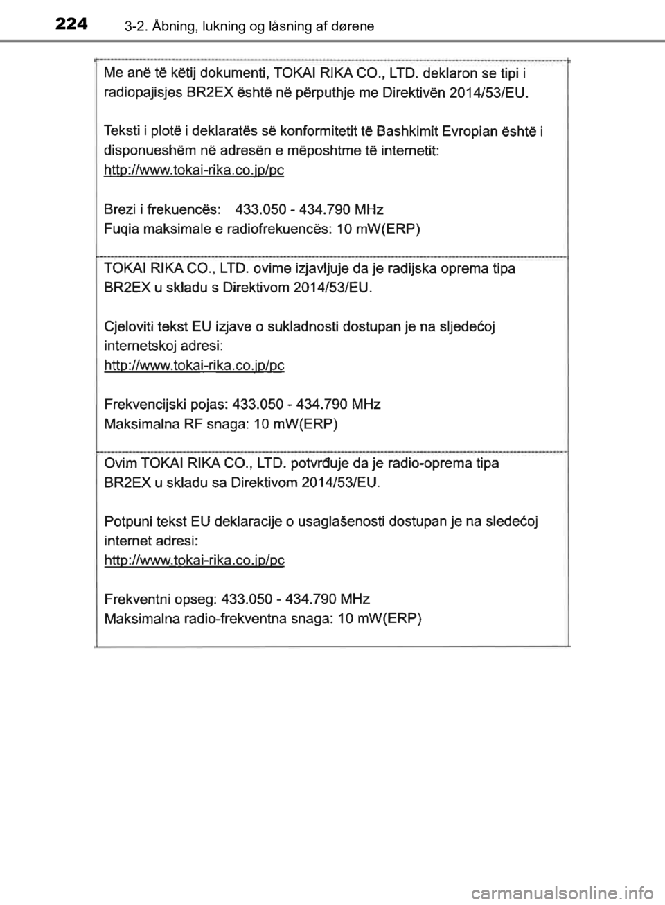TOYOTA C-HR 2019  Brugsanvisning (in Danish) 2243-2. Åbning, lukning og låsning af dørene
C-HR_HV_OM_Europe_OM10647DK
OM10647DK.book  Page 224  Monday, November 25, 2019  9:42 AM 