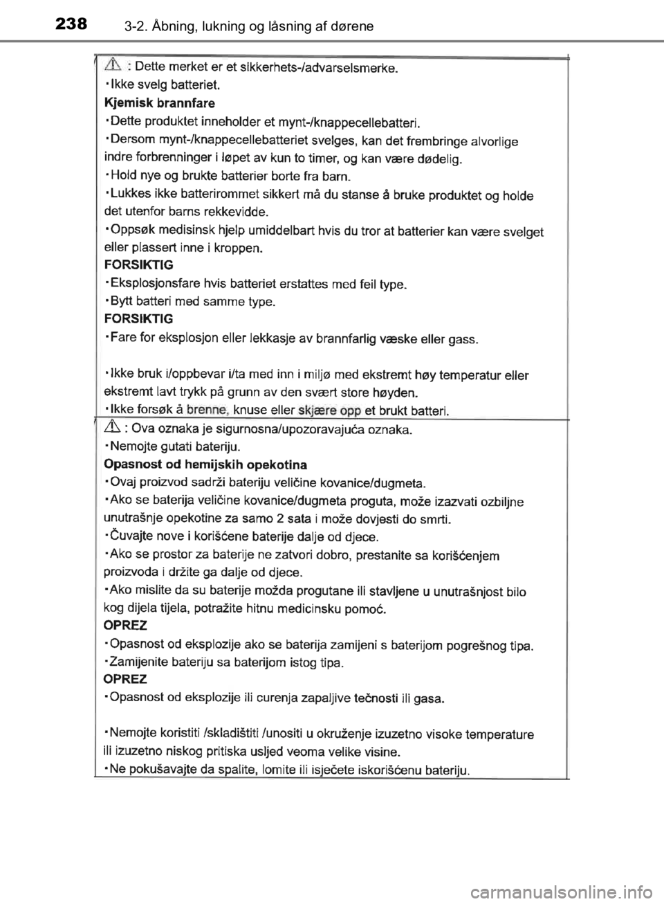 TOYOTA C-HR 2019  Brugsanvisning (in Danish) 2383-2. Åbning, lukning og låsning af dørene
C-HR_HV_OM_Europe_OM10647DK
OM10647DK.book  Page 238  Monday, November 25, 2019  9:42 AM 