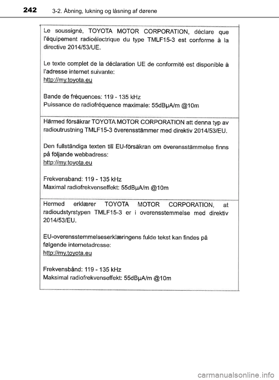 TOYOTA C-HR 2019  Brugsanvisning (in Danish) 2423-2. Åbning, lukning og låsning af dørene
C-HR_HV_OM_Europe_OM10647DK
OM10647DK.book  Page 242  Monday, November 25, 2019  9:42 AM 