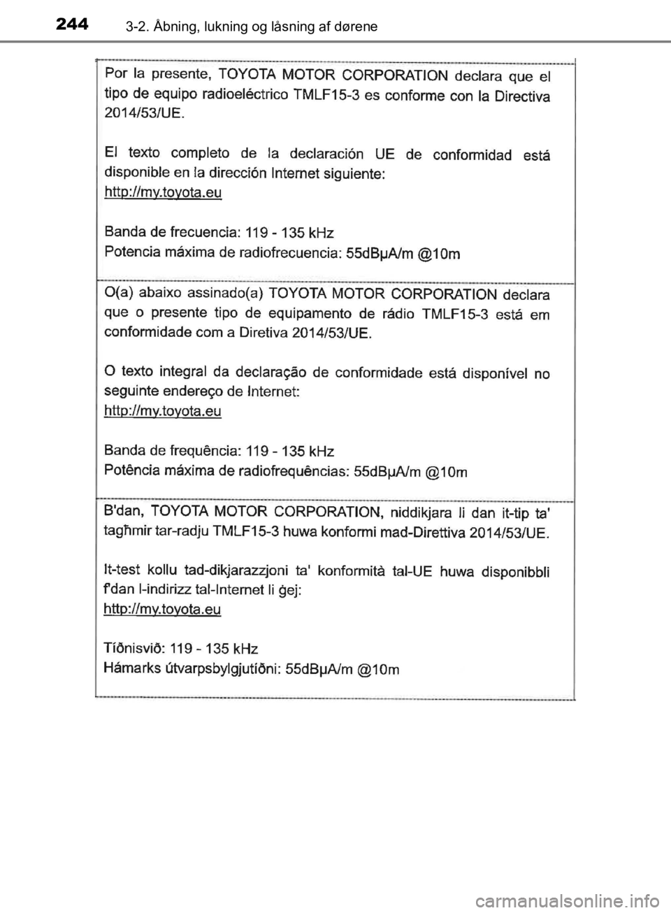 TOYOTA C-HR 2019  Brugsanvisning (in Danish) 2443-2. Åbning, lukning og låsning af dørene
C-HR_HV_OM_Europe_OM10647DK
OM10647DK.book  Page 244  Monday, November 25, 2019  9:42 AM 