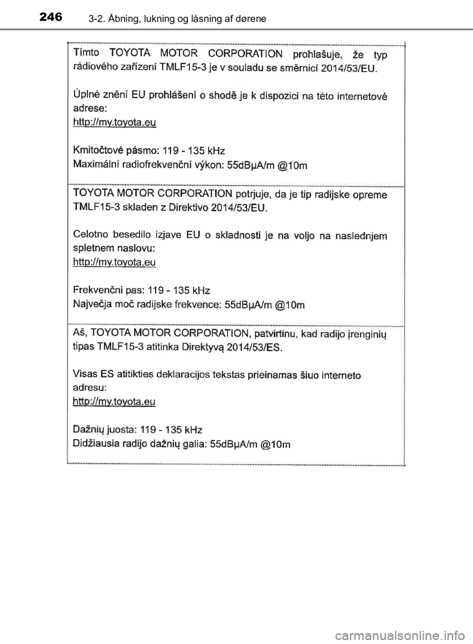 TOYOTA C-HR 2019  Brugsanvisning (in Danish) 2463-2. Åbning, lukning og låsning af dørene
C-HR_HV_OM_Europe_OM10647DK
OM10647DK.book  Page 246  Monday, November 25, 2019  9:42 AM 