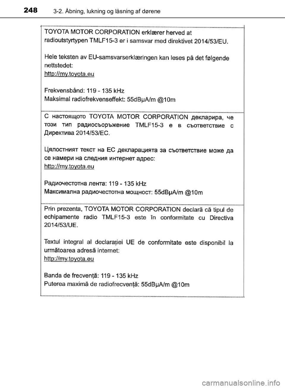 TOYOTA C-HR 2019  Brugsanvisning (in Danish) 2483-2. Åbning, lukning og låsning af dørene
C-HR_HV_OM_Europe_OM10647DK
OM10647DK.book  Page 248  Monday, November 25, 2019  9:42 AM 