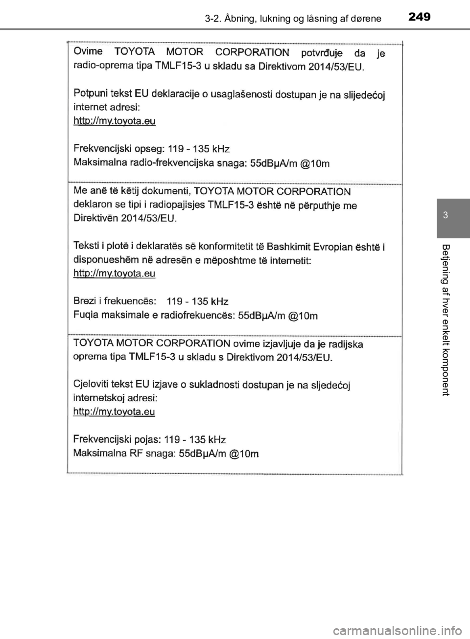 TOYOTA C-HR 2019  Brugsanvisning (in Danish) 2493-2. Åbning, lukning og låsning af dørene
3
Betjening af hver enkelt komponent
C-HR_HV_OM_Europe_OM10647DK
OM10647DK.book  Page 249  Monday, November 25, 2019  9:42 AM 